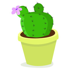 Blooming cactus in yellow pot; home potted plant; vector illustration. - 412144427