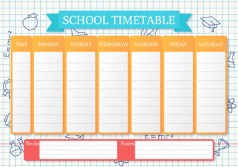 School timetable. Schedule for kids. Student plan template on checkered paper with linear school icons. Weekly time table with lessons. Vector illustration. Educational classes diary on English, A4.