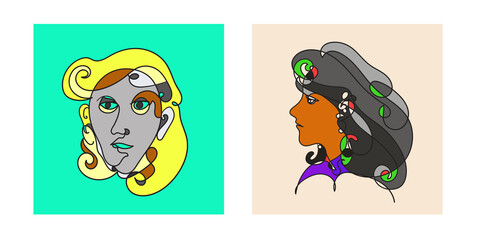 Colorful Woman portrait continuous line art drawing in psychedelic abstract surreal style.
