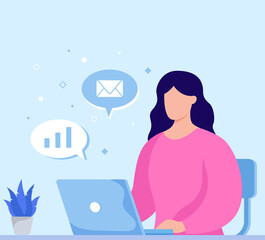 Office work, female with laptop. Flat design illustration. Vector