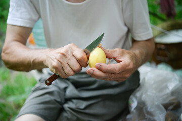 man holding potatoes in his hands