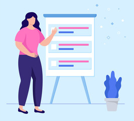Female with presentation board. Flat design illustration. Vector