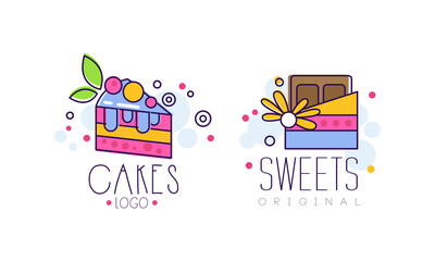 Fototapeta premium Sweet Dessert Logo Design Set, Tasty Cake and Sweets Food Labels for Bakery, Candy Shop, Cafe Design Cartoon Style Vector Illustration