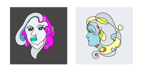 Colorful Woman portrait continuous line art drawing in psychedelic abstract surreal style.