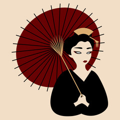 japanese geisha in black kimono walking with red parasol © paranoido