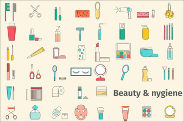 Set of colored icons, hygiene and cosmetics. Vector elements of cosmetics and hygiene products.