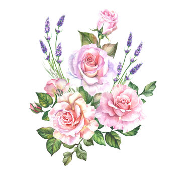 watercolor bouquet of pink roses