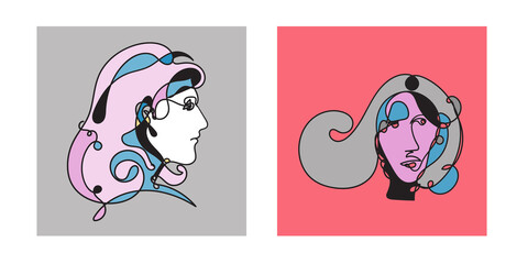 Colorful Woman portrait continuous line art drawing in psychedelic abstract surreal style.