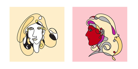 Colorful Woman portrait continuous line art drawing in psychedelic abstract surreal style.