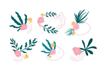 Set of vector floral frames. Illustration in pink colors on a white background.