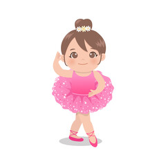 Cute pink ballerina girl dancing with tutu glitter dress. Flat vector isolated.