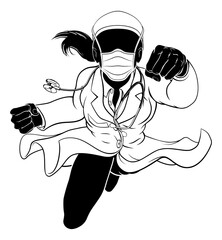 A doctor super hero woman in silhouette flying while wearing PPE mask