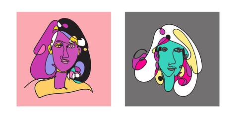 Colorful Woman portrait continuous line art drawing in psychedelic abstract surreal style.