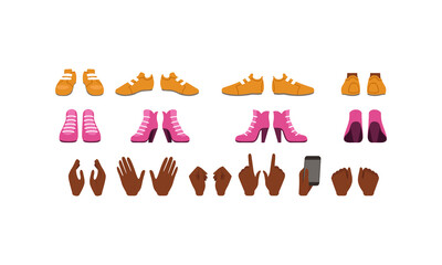 Shoes and Palms of African American Girl with Various Gestures Set, Female Person Character Creation Cartoon Vector Illustration
