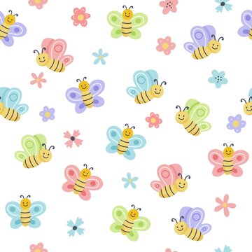 Easter spring set with cute eggs, birds, bees, butterflies. Hand drawn flat cartoon elements. Vector illustration