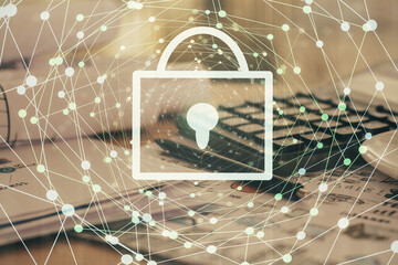 Multi exposure of lock drawings and desk with open notebook background. Concept of security