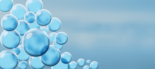 Blue flying ball on a blue sky background. Transparent glossy spheres. Abstract background with floating 3d bubbles. Monotone minimalistic wallpaper for copy space.