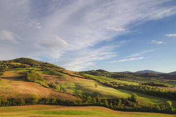 Fototapeta na wymiar Golden light casts long shadows against the rolling Tuscan countryside landscape near Radicondoli, in the Province of Siena in Tuscany, Italy.