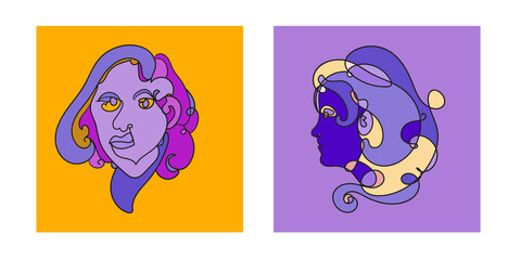 Colorful Woman portrait continuous line art drawing in psychedelic abstract surreal style.