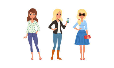 Beautiful Stylish Girls in Fashionable Clothes Set, Young Women Wearing Trendy Outfit Cartoon Vector Illustration