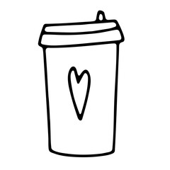 Doodle coffee to go cup. Cute hot beverage isolated on white background. Outline tea, latte, cappuccino, americano, takeaway mug with heart, lid. Vector illustration for the coffee shop, cafe, print