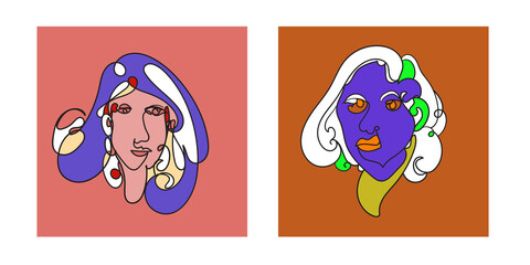 Colorful Woman portrait continuous line art drawing in psychedelic abstract surreal style.