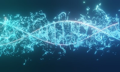 3D rendering of Blue helix human DNA structure on black background. 