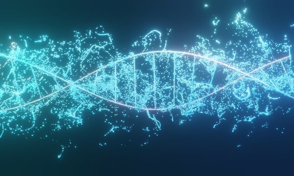3D rendering of Blue helix human DNA structure on black background. 