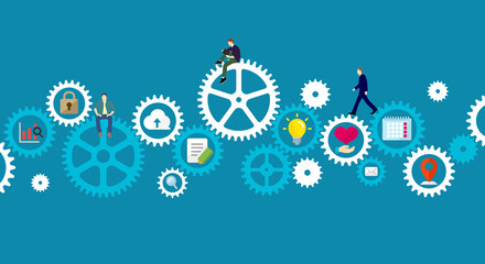 Business concept illustration banner. Gear wheel (technology) and people&rsquo;s life.