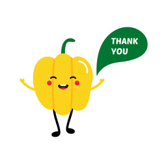 Cute cartoon style yellow bell pepper character with speech bubble showing appreciation, saying thank you.