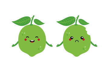 Cute cartoon style green lime characters, happy smiling and sad with bite mark.