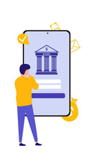 Mobile banking concept illustration of people using app for money transfering, accounting and online banking.