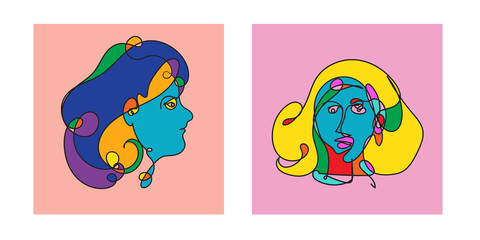 Colorful Woman portrait continuous line art drawing in psychedelic abstract surreal style.