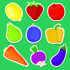 Bright stickers of fruits and vegetables isolated on a green background with white rims. Apple, pepper, plum, carrot, strawberry. Vector illustration 