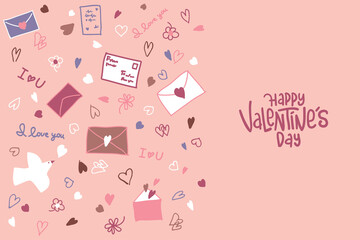 Valentine's day card with hand drawn doodle hearts, flowers, envelopes, letters, birds and calligraphy lettering on pink background. Cute vector design for Valentine day greeting cards, web banners.