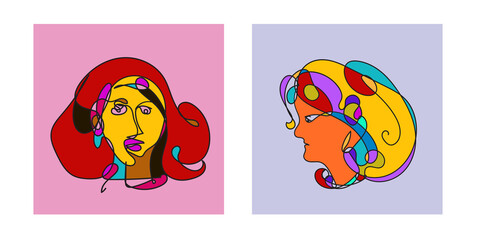 Colorful Woman portrait continuous line art drawing in psychedelic abstract surreal style.