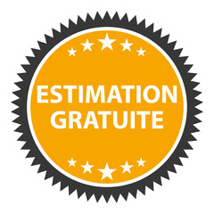 Estimation gratuite. Expertise immobilière ou valeur produit. Icône sticker vectoriel orange.