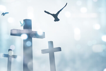 Christian Cross and pigeon flying