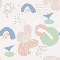Vector abstract seamless pattern in pastel colors. Modern art in a minimal linear style. Single line floral elements, doodles, minimalistic shapes and colored spots. Balance and harmony