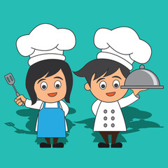 chef man and woman with the toque holding a dish ready to serve. cartoon character. vector illustration