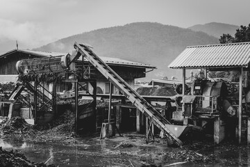 Fototapeta na wymiar Sawmill. Process of woodworking plant. Consequences of the riot of the elements, hurricane. Outdoor Slowenia