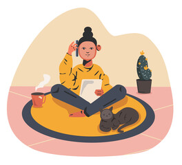 Asian man on the floor with cat. Flat design illustration. Vector