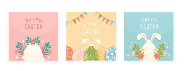 Collection of Happy Easter greeting cards. Set of posters for Holiday. Decorated Egg with various ornaments, Blooming Spring Flowers, Leaves and Bunny Rabbit Ears. Template Design. Vector illustration