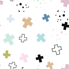 Cute doodle style seamless vector pattern. The marker drew various pluses, crosses, shape points and silhouettes. Hand drawn