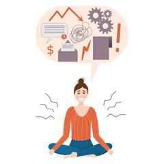 A stressed woman. A tired, work-worn girl in a cartoon style is isolated on a white background. The concept of stress, icons and a person in the lotus position. Vector illustration
