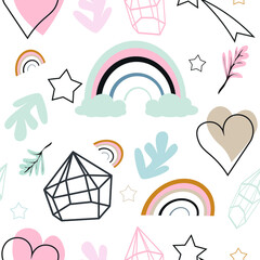 
Cute doodle style hearts, rainbows, seamless vector pattern background. The marker has drawn various hearts, leaves, diamonds, radigas, shapes and silhouettes. Hand drawn