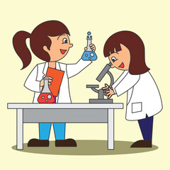 scientist women doing research and analysis in a laboratory. cartoon character. vector illustration
