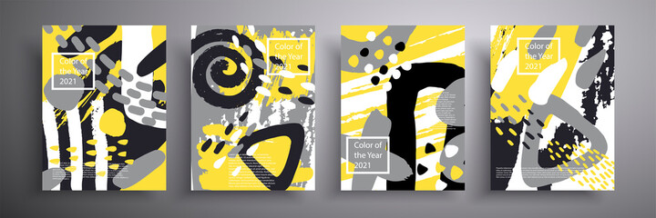 Fashionable cover designs. The trend colors of 2021 are yellow and gray. Compositions of minimal shapes for covers, posters, flyers, magazines.