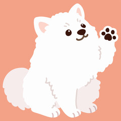 Flat colored simple and adorable Japanese Spitz waving hand illustration
