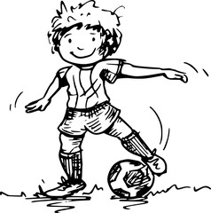 Happy child playing with a football - pen drawing with black ink. 